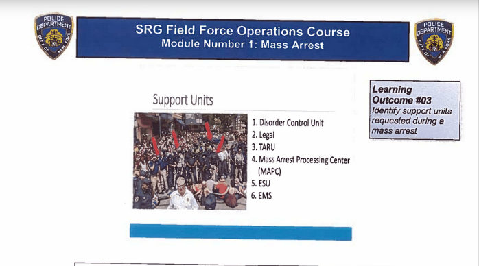 Interesting thing I found in NYPD's "SRG Field Force Modules" is that NYPD uses a pic of them cracking down on  #NoJusticeNoPride protesters in 2017 in their module on "mass arrest."