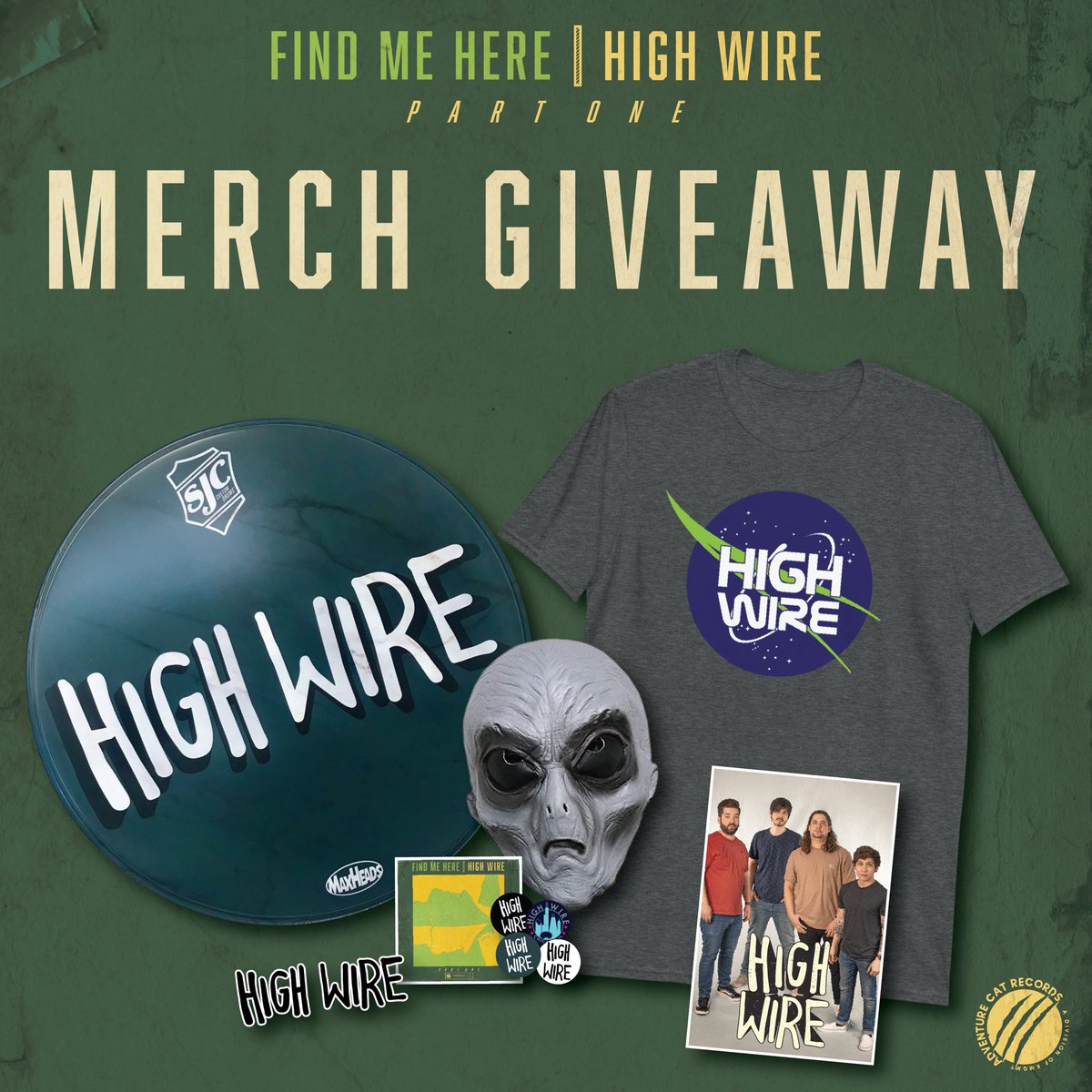 ‼️Merch Giveaway‼️

Like, share, and comment @ 3 friends to be eligible. Winner will be announced on Monday. 

Items to win:
- High Wire “Space Corp.” Tee
- Signed Drum Head
- Signed band poster
- Alien Mask used in “Up &amp; Away” vid
- Stickers &amp; Buttons