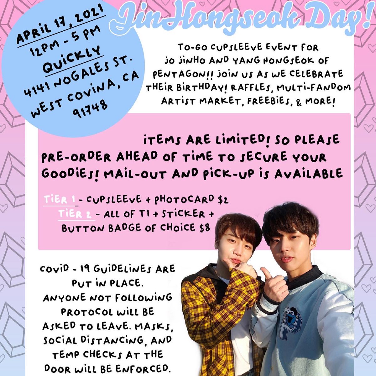 hellodeestudios's tweet photo. Hello Daisies!🌼⁠
⁠
If you didn't already know, Im hosting a JinHongseok Cupsleeve event! Please please please consider stopping by! Even if you aren't familiar Pentagon please stop by! Follow @Calicofanevents for more information!⁠

Preorder form:
https://t.co/9XFodsStBe https://t.co/FH1AEdbkDE