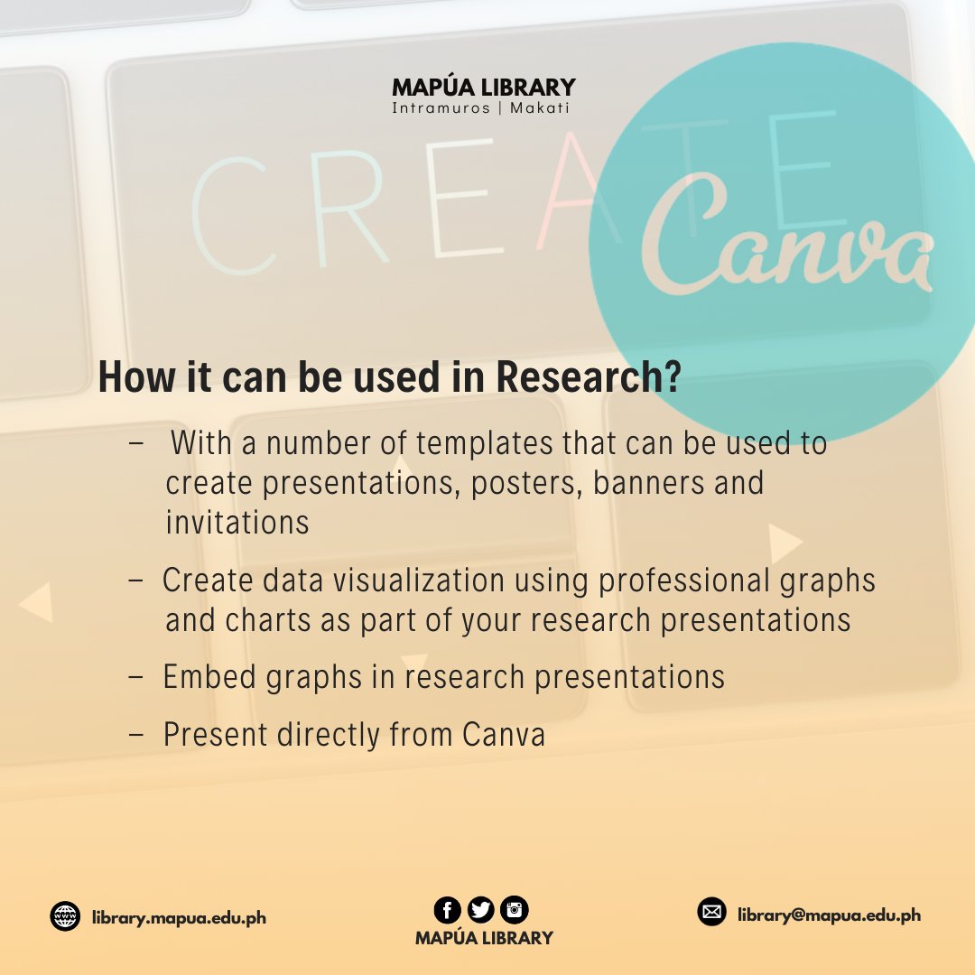 Mapua_Library's tweet photo. Need to create a research presentation? Try Canva for free! 

#canva #canvadesign #canvapresentation
#library #MapúaLibrary #informationliteracy #MapúaLibInfoLitSeries https://t.co/jPKyBI8kXQ