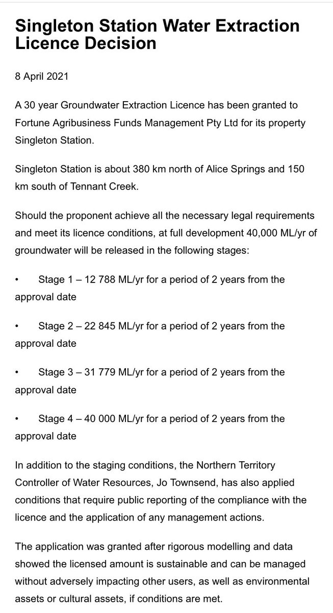 MattBrannRURAL's tweet photo. #WaterNews The NT has just granted Fortune Agribusiness a 40,000ML water licence (in stages) for its project on Singleton Station... Water Controller Jo Townsend on the Country Hour right now: https://t.co/f9cP7cLi72 💧 https://t.co/0MVDZy3Th1