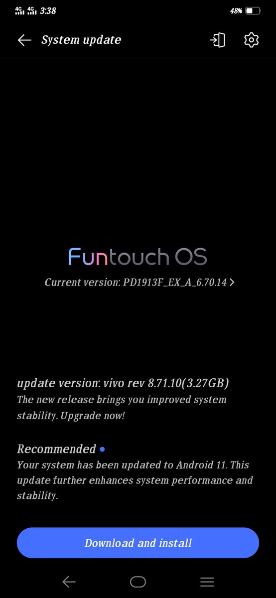 TechTipster_'s tweet photo. Vivo starts rolling out Android 11 update to some Limited user of Vivo S1 in India as they promised. The update weighs 3.27GBs in size with build number EX_A_8.71.10 and this update enhance the system stability along with March security patch.
#Vivo #VivoS1 #Android11 #FuntouchOS https://t.co/N9OBcrQ8wc