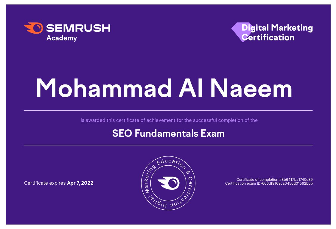 Alhamdulillah, I've successfully Passed The SEO Fundamentals Exam.
#semrush #semrushonlineexam #seocourse #semrushacademy #onlinelearning #marketing