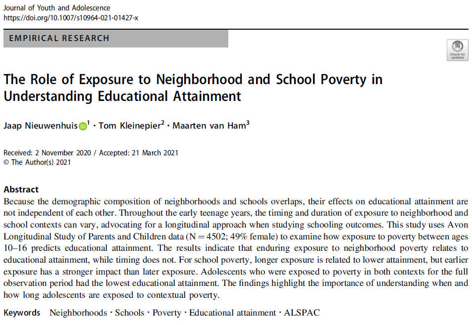 New paper with @tkleinepier &amp; <a href="/maarten_van_ham/">Maarten van Ham</a> : The Role of Exposure to Neighborhood and School Poverty in Understanding Educational Attainment <a href="/ZJU_China/">Zhejiang University</a> <a href="/BKTUDelft/">BK TUDelft</a> <a href="/SpringerSocSci/">Springer Social Sciences</a> <a href="/CO90s/">Children of the 90s</a>  doi.org/10.1007/s10964…