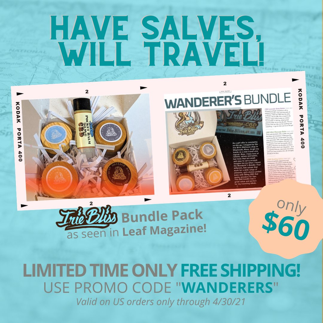 IrieBlissWell's tweet image. The Irie Bliss Wanderer’s Travel Bundle with our CBD Lavender Body Butter travel size salve, CBD Mint Massage Balm travel size, CBD Healing Salve travel size iriebliss.com/product/wander…
🍃
#cbdsalves #wanderer #freeshippingcode #iriebliss #manifestdontstress #rockland #weymouth