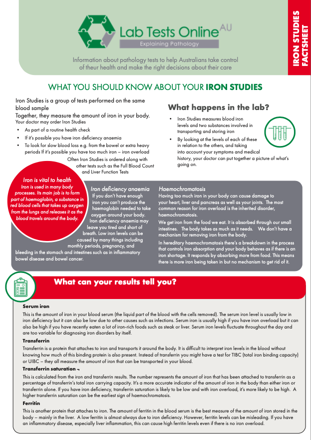 LabTestsAu's tweet photo. This week for #TestforyouThursday, learn more about the testing of iron in your body by looking at our fact sheet on Iron studies: https://t.co/XTVfPNbmBF https://t.co/DnVkBvwpOW