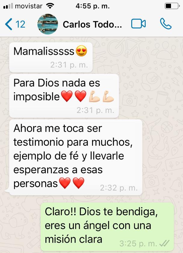 Es un milagro! Carlos está libre de cáncer.
Después de los médicos revisar todos los estudios realizados, el mensaje fue "En ninguno de los estudios hay presencia de una enfermedad oncológica". 
Seguimos siendo testigos de la fuerza de la fe y de la presencia de Dios en todo.