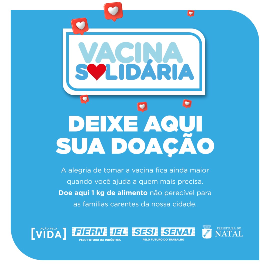 SESIRN's tweet photo. Você já conhece a campanha Vacina Solidária? É uma ação que convida você a retribuir a alegria de se vacinar, doando 1 kg de alimento não perecível. 😘

Em nosso posto de vacinação há um lugar reservado para quem quiser deixar a doação. Participe você também! 💙 https://t.co/AsU3R0PxwB