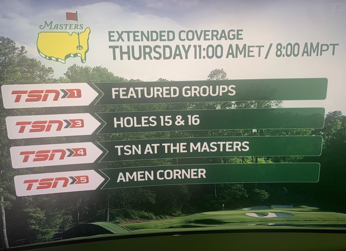 tsnjamesduthie's tweet photo. Once again this year TSN will bring you 4 hours of bonus coverage  at #TheMasters starting Thursday on 4 different channels.

Featured Groups for round one are:

DJ/Westwood/Strafaci(A)

Bubba/Koepka/Hovland 

(Full network coverage starts at 3et) https://t.co/wUBAf11qbY