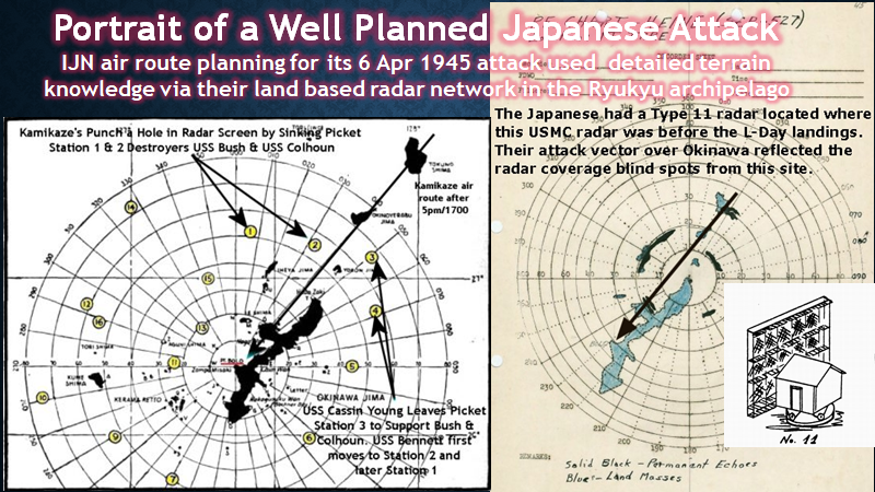 When you spend the time looking through American Navy & especially US Marine after action reports with the knowledge of Japanese Ryukyu island Radar/Sigint dispositions. The Japanese 'Suppression of Enemy Air Defense' planning involved just stands out.28/