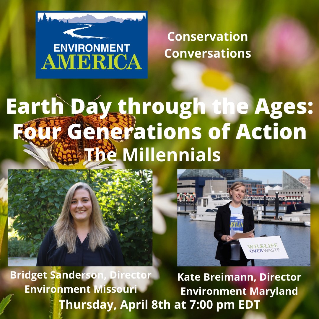 We have the co-hosts of #ConservationConversations representing the millennial generation tomorrow. @EnvironmentMD Director @KateBreimann and our own Director @bridgeKCMO 

RSVP- environmentamerica.webaction.org/p/salsa/event/…
