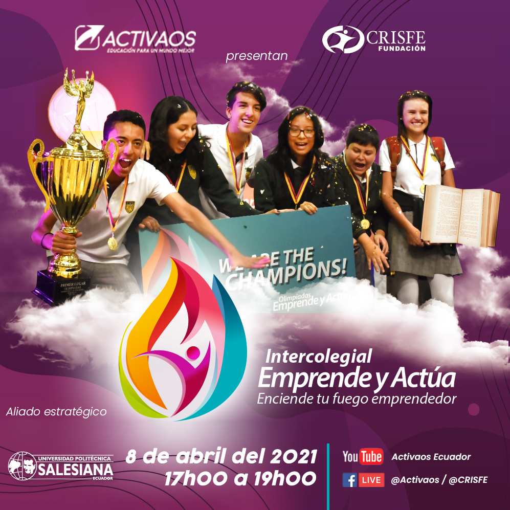 upsalesianaec's tweet photo. 💪 La UPS como aliado estratégico de #Activaos y la Fundación #CRISFE, invitan a la presentación del Intercolegial Emprende y Actúa.
🗓 Fecha: jueves, 8 de abril del 2021
🕔 Hora: 17:00 a 19:00
🔴 Sigue el evento en: https://t.co/dBGHY7t2u7
#UPSEcuador 💛💙 https://t.co/QvXUjPKmxf