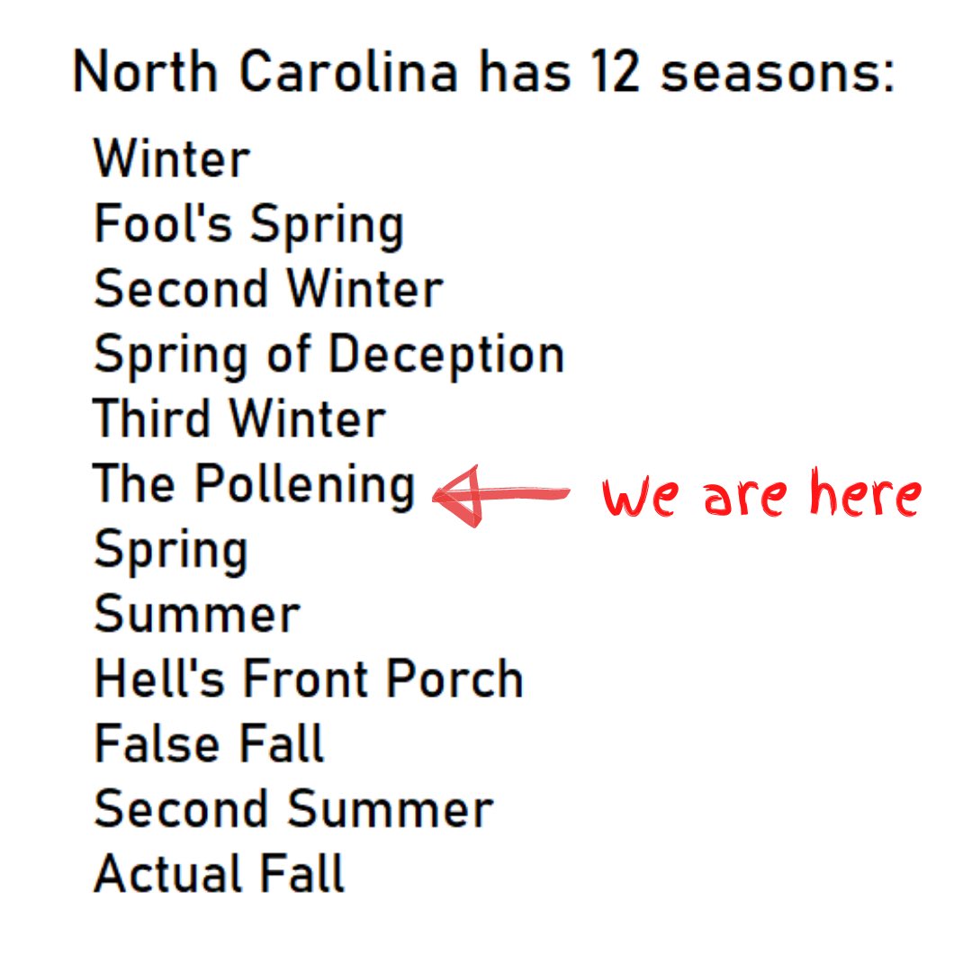 ncculture's tweet photo. In North Carolina, we don’t just have one pollen season—we have three. There’s some overlap in these seasons. The different pollen seasons are determined by the types of plants producing pollen.

In North Carolina, this allergy season tends to peak in April. https://t.co/Ayop0UvCYH