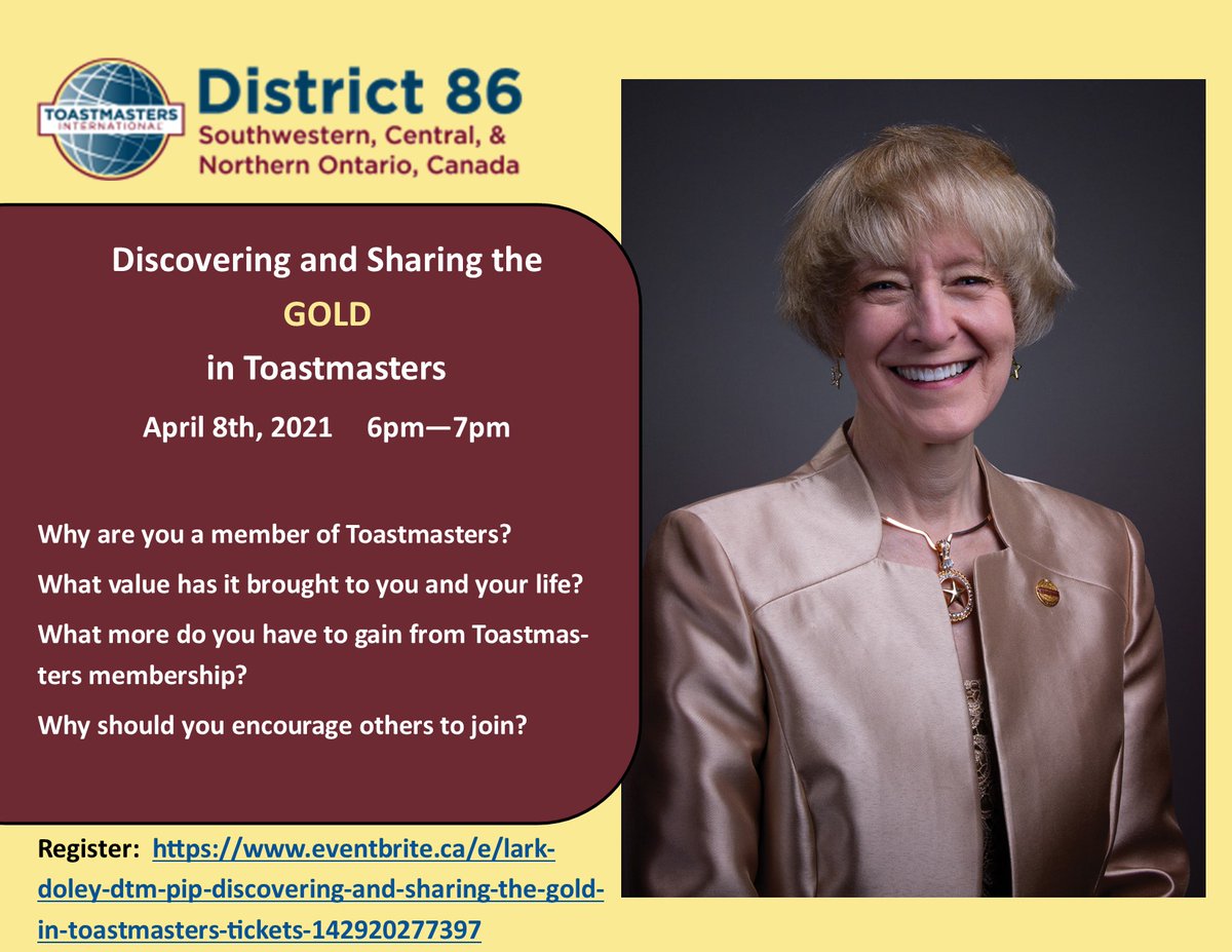 Toastmasters86: Don't miss out on this free Town Hall with #Toastmasters  International President, Lark Doley, DTM!  April 8th, 2021, 6PM – 7PM EST.  Register at toastmasters86.org  #communication