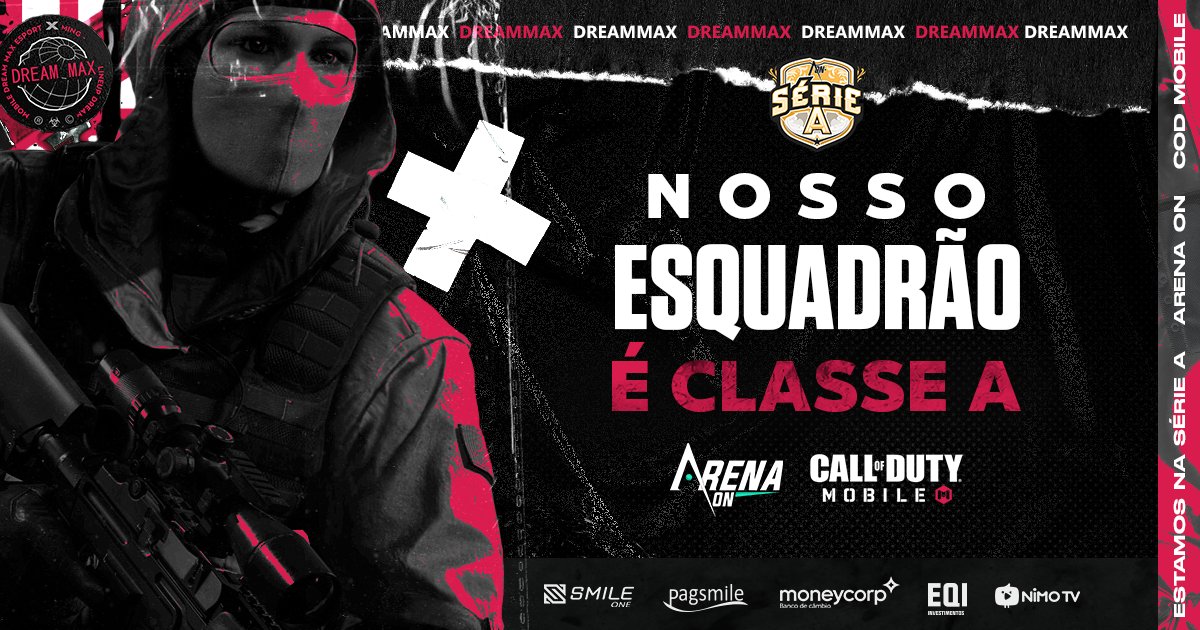 dreammaxesports's tweet photo. Hey, Dreamers! Vitória da nossa equipe de CoD Mobile e promoção para a Arena On-Série A.
#ArenaOn #SerieA #CallOfDutyMobile #CallOfDuty #CoD #CoDM #DreamMax #GoDMX #DMX #esports #EsportesEletronicos #SmileOne #PagSmile #Moneycorp #EQIinvestimentos #NimoTV https://t.co/Xzg4i0xgDI