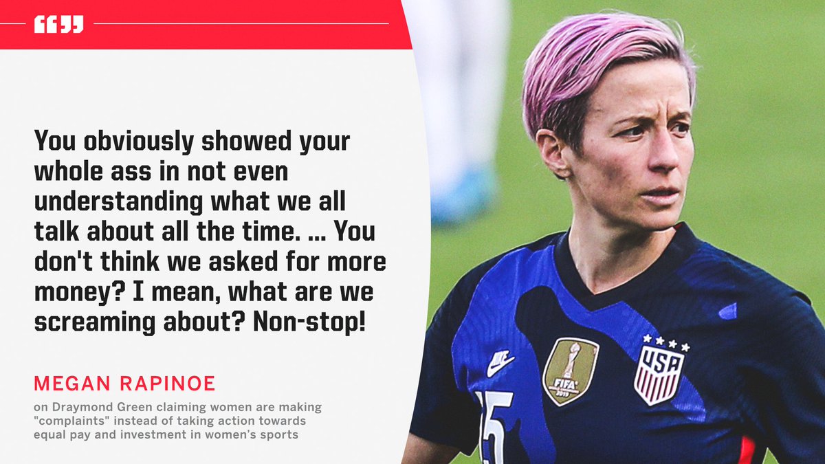 espn's tweet photo. Megan Rapinoe hit back at a series of tweets by Draymond Green in which he, in part, blamed women for making "complaints" rather than taking action over disparities in pay and investment in women's sports. https://t.co/wdoed4TsBc https://t.co/EJYv7qvpvV