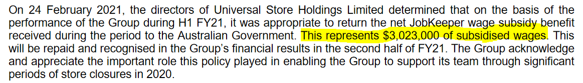 Retailer Universal Store Holdings saw profits 👆50% on pre-pandemic levels. So without fuss, they paid back taxpayers the $3m in JobKeeper they'd received. 

Time for billionaires Gerry Harvey &amp; Solomon Lew to do the same. #PayItBackGerry #PayItBackSol #BillionaireKeeper #auspol