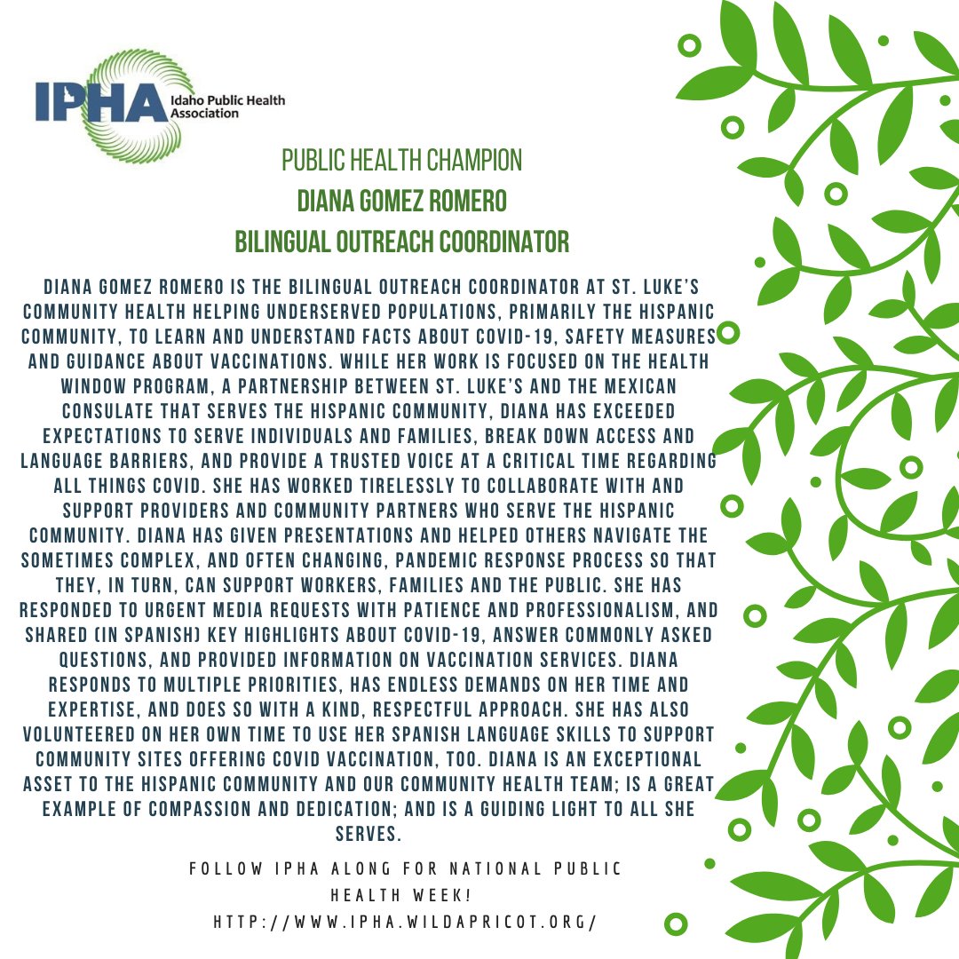 Throughout #NPHW we are recognizing public health champions right here in Idaho. Thank you for all you do Diana Gomez Romero with <a href="/StLukesHealth/">St. Luke's Health System</a>