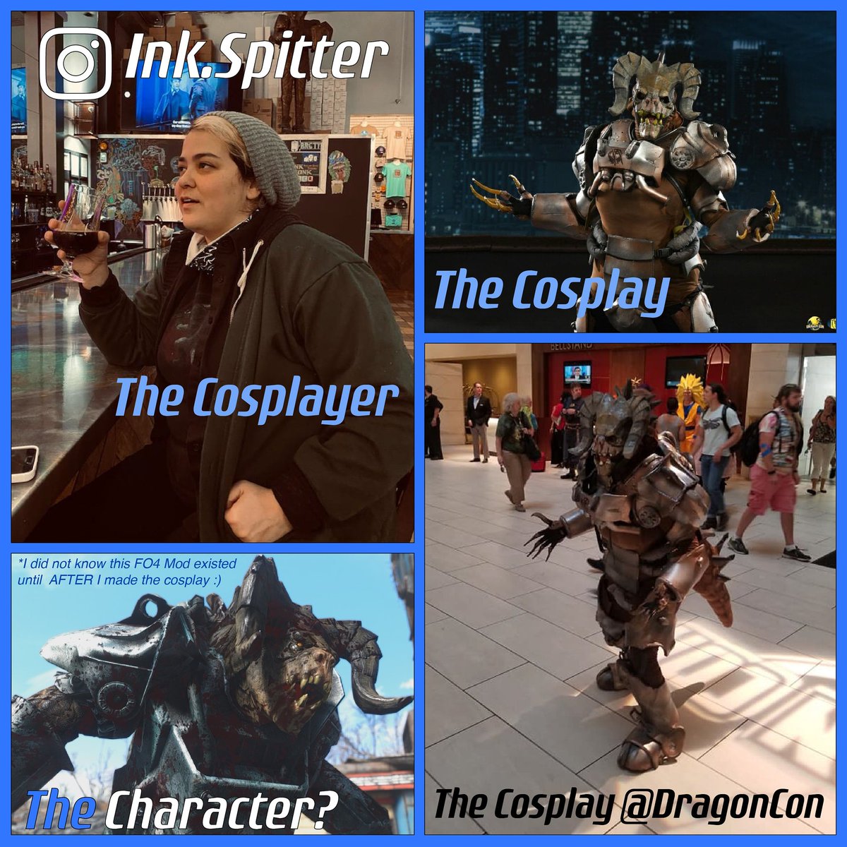 I make up my own characters. I found out after that there was a FO4 mod with MY character in it ;)
#fallout #falloutcosplay #cosplayer #cosplay #deathclaw #fo4 #bethesda #gamer #gamergirl #makergirl #cosplaygirl #cosplayercharactercosplay #dragoncon #deathclawcosplay