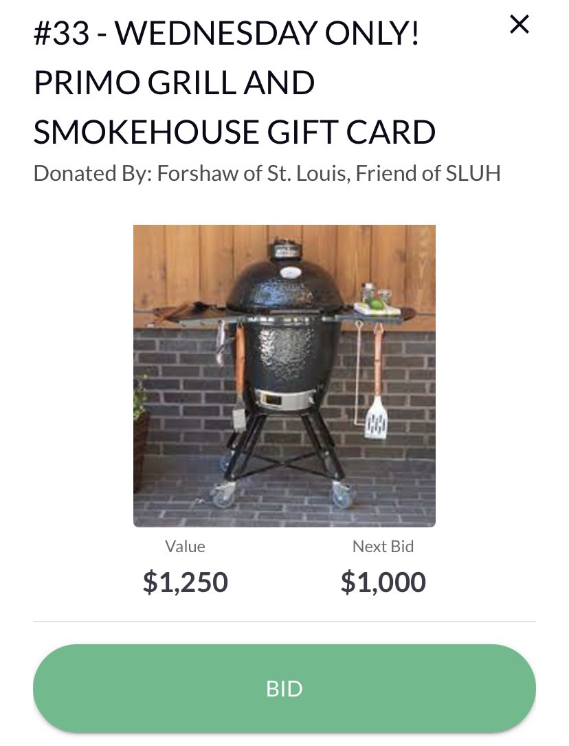 ALERT - Bidding on this grill ends at 8 tonight and it’s currently one heckuva deal for someone at just $950. Also has a $250 Smokehouse Mkt gift card.

Upgrade your 🍗 🥩 🍔 game at bring home this Primo grill!