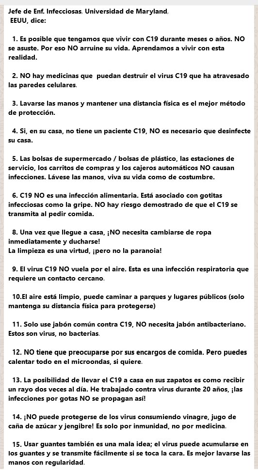 PRIMERA VEZ  que recibo algo de una #Cadena de #WhatsApp con lo que estoy de acuerdo; le eliminé el punto 7 que NO era correcto.
Esta SI pueden REENVIARLA A TODOS SUS CONTACTOS #COVID19
