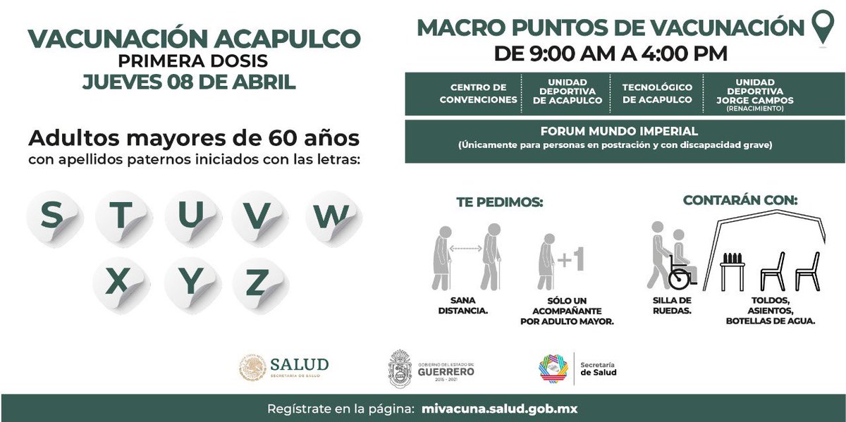 HectorAstudillo's tweet photo. Mañana concluye la aplicación de la #PrimeraDosis de la vacuna contra el COVID19 para adultos mayores de Acapulco. Se continuará recibiendo rezagados de letras pasadas y en su momento se informará en qué municipios continuará la vacunación. https://t.co/LAAXHSHlSu