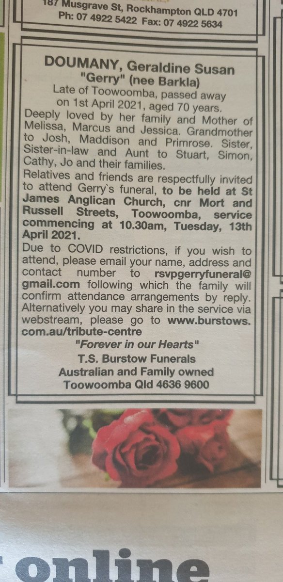 DoumanyMarcus's tweet photo. Due to COVID restrictions on attendance we have an email registration process to manage numbers for Mum's funeral. Details as per below Funeral Notice. https://t.co/VM43NWaCGb