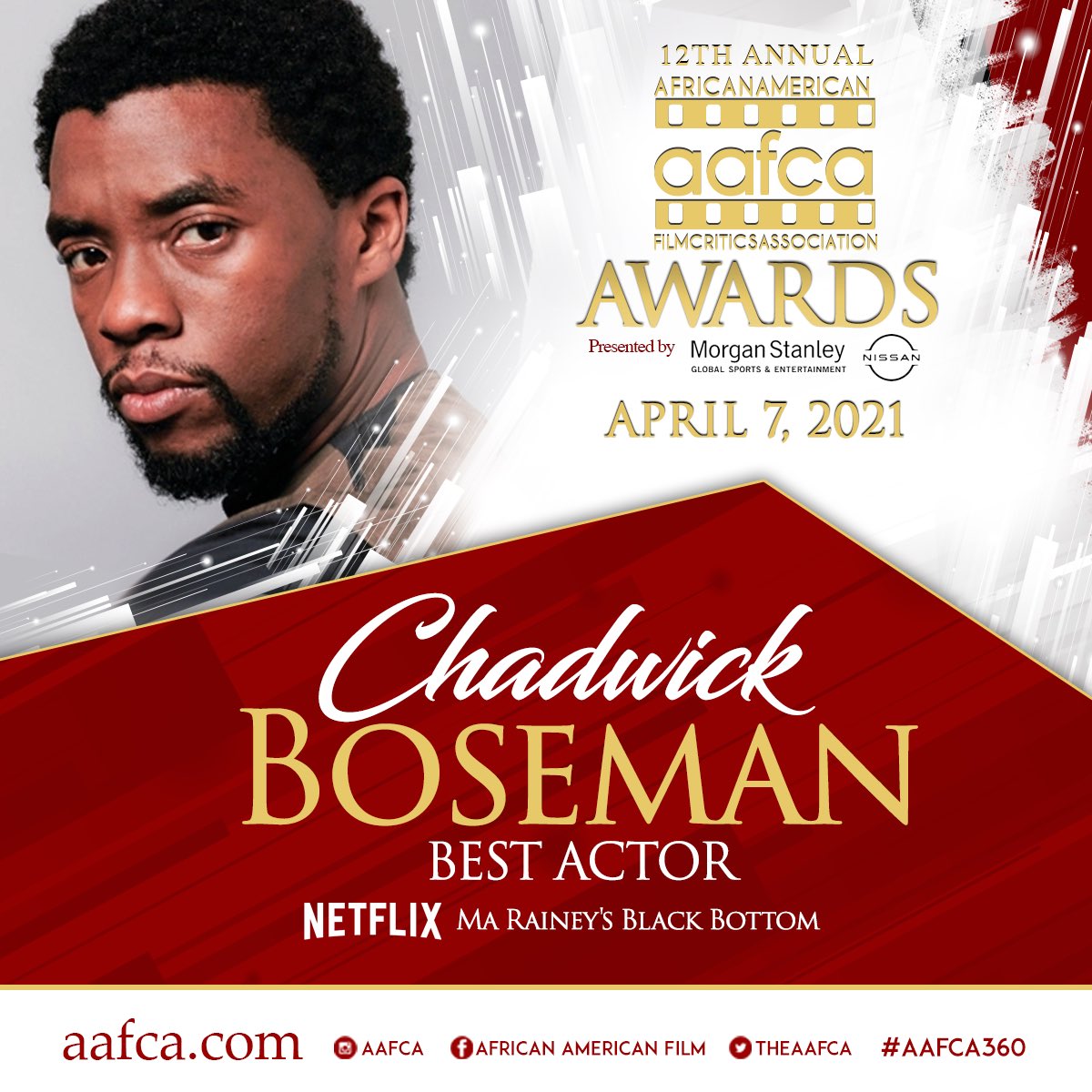 Congratulations to @chadwickboseman for winning the #AAFCA award for Best Actor for his role in @MaRaineyFilm #AAFCA12 #AAFCAAwards #RIPKING