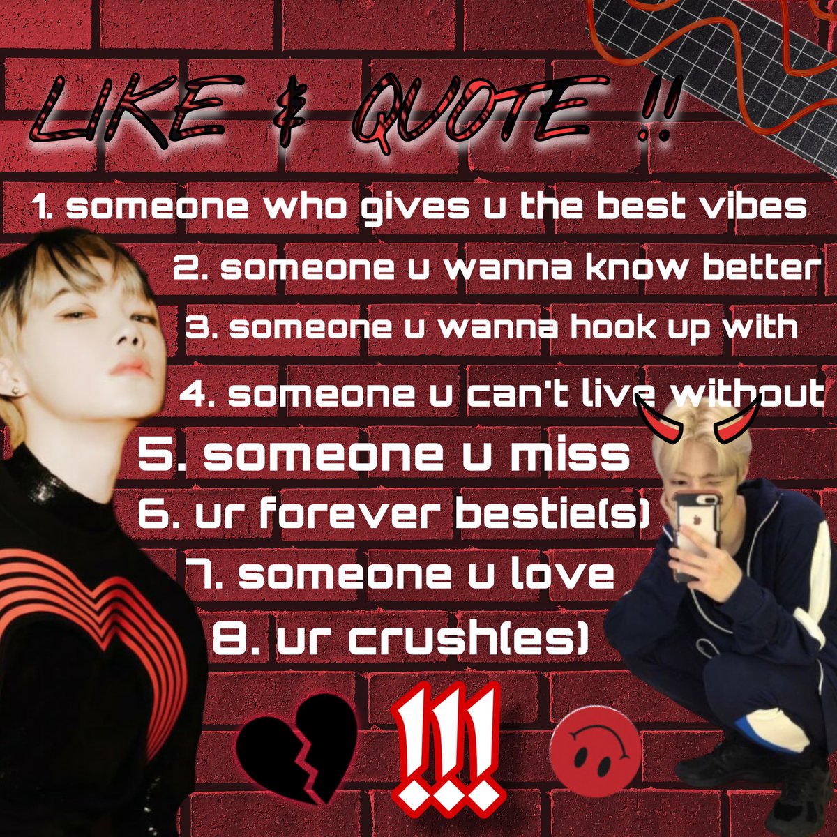 :D nfjdjshxhx so welcome to my personal relationships lms game!! u like this, i'll use a random generator and dm u a number out of 8, and u quote this and @ the person or ppl it applies to! if it doesn't apply or u hate it lmk and i'll give u a new one ^___^ #KEYNMORLMS https://t.co/PxLxHIgamr