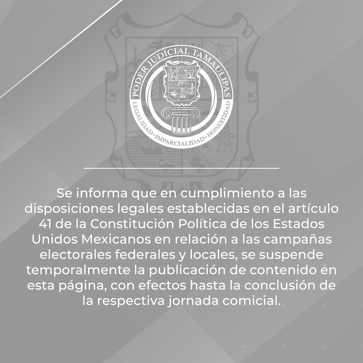 Se informa que en cumplimiento a las disposiciones legales establecidas en el art. 41 constitucional en relación a las campañas electorales, se suspende  temporalmente la publicación de contenido en esta página, con efectos hasta la conclusión de la respectiva jornada comicial.