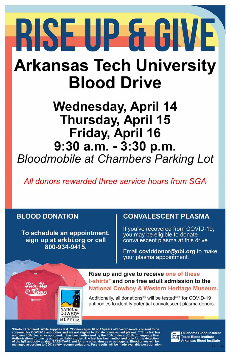 The Arkansas Blood Institute is coming to campus next Wednesday-Friday. Make sure to go give blood. All donors will receive 3 service hours from SGA if logged on atu.presence.io.