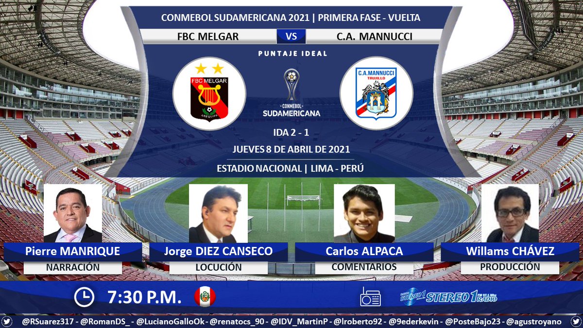 PuntajeIdealPE's tweet photo. ⚽ #Sudamericana | 🇵🇪 @MelgarOficial vs. @camannucci 🇵🇪
🎙 Narración: @ManriqueSports
🎙️ Locución: @Jorge10k
🎙️ Comentarios: @calobeto11
🎬 Producción: @Willychavez1
📻 #Stereo1 (AQP 97.1 FM)
💻📱https://t.co/BeDun6CyQW
🤳 #SudamericanaxStereo1 - #LaGranConquista
Dale RT 🔃 https://t.co/J6Ul9a4h3f