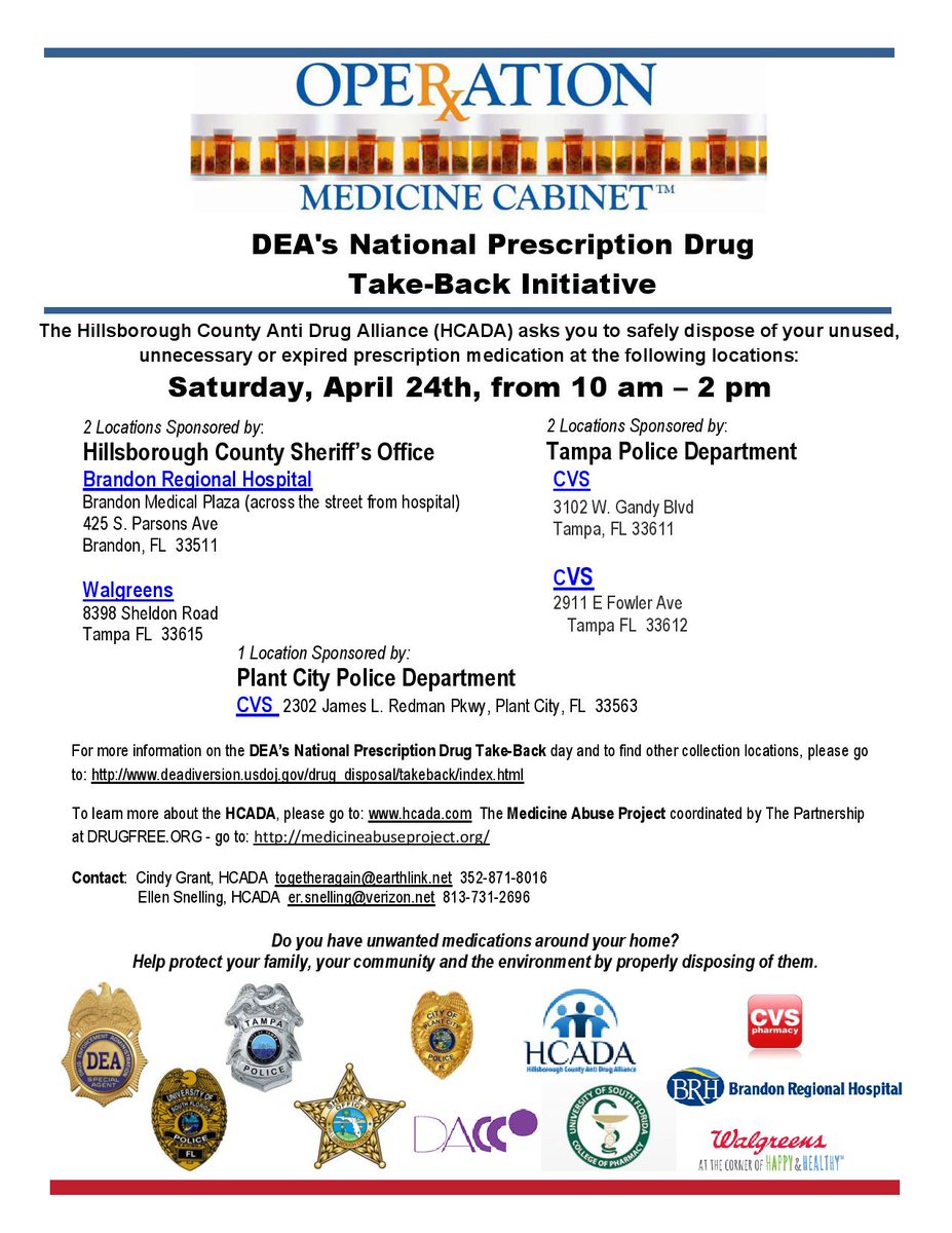 <a href="/PlantCityPolice/">PlantCityPoliceDept</a> will be participating with <a href="/HCADA/">Hillsborough County Anti-Drug Alliance</a> for  the DEA National Prescription Drug Take-Back event in Plant City on Saturday, April 24, 2021 from 10am - 2pm at the CVS Pharmacy located at 2302 James L. Redman Pkwy. Please dispose of any old or found drugs. STAY SAFE