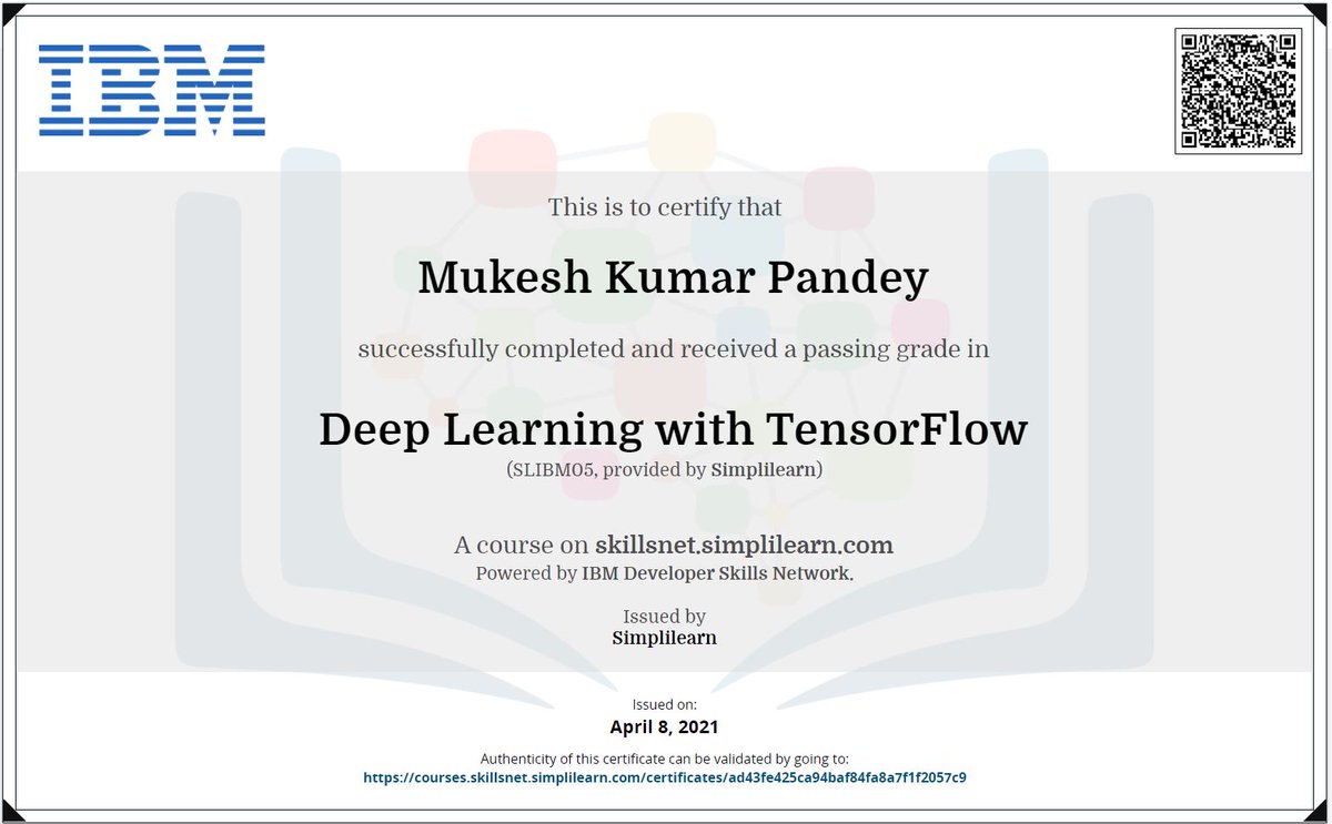 Vedantech's tweet image. Deep Learning with TensorFlow certification from IBM. 
@IBMDeveloper 
@Simplilearn
#deeplearningwithtensorflow
#simplilearn #ibmdeveloper #DeepLearning #TensorFlow 
#DataScience #ArtificialIntelligence #MachineLearning