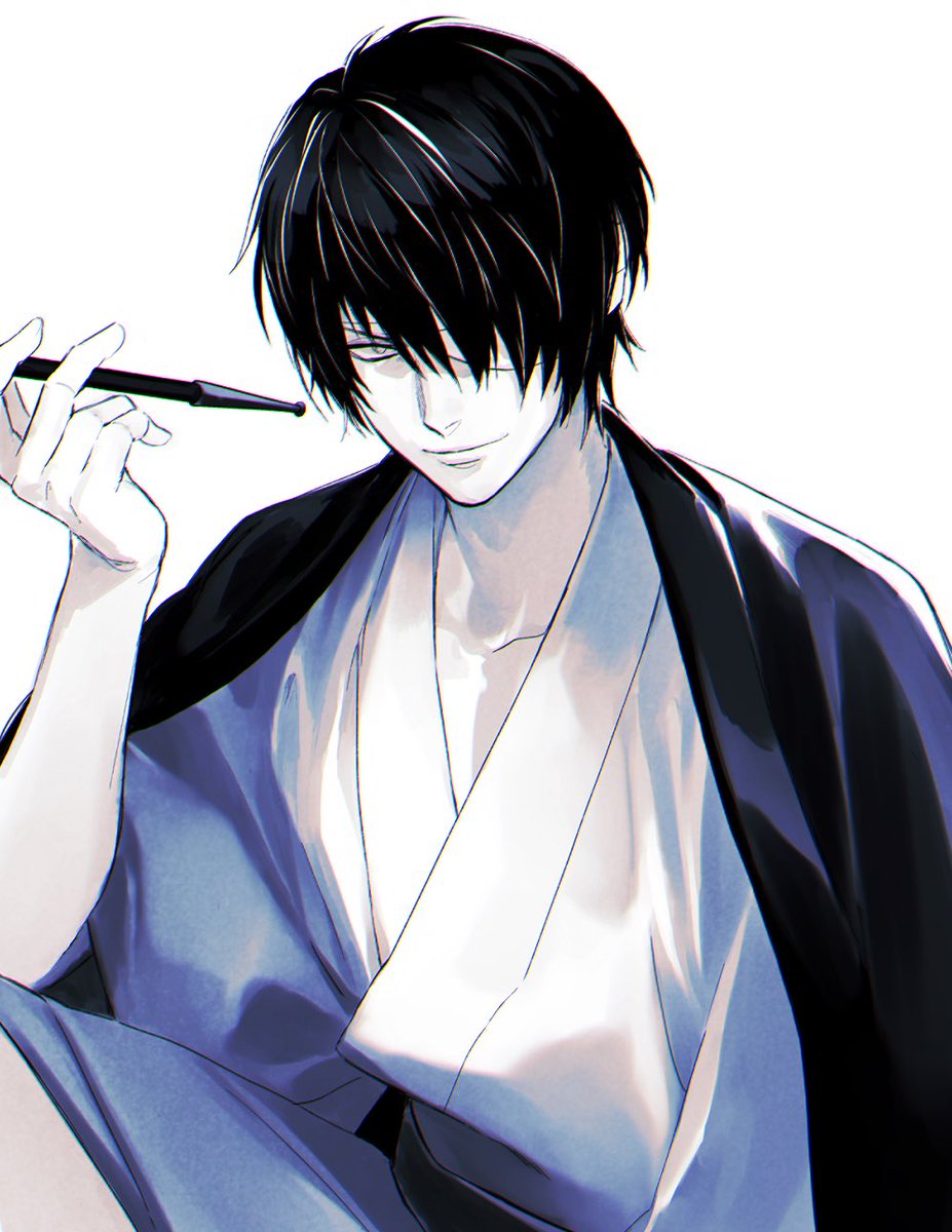 1boy male focus japanese clothes smoking pipe solo holding black hair  illustration images