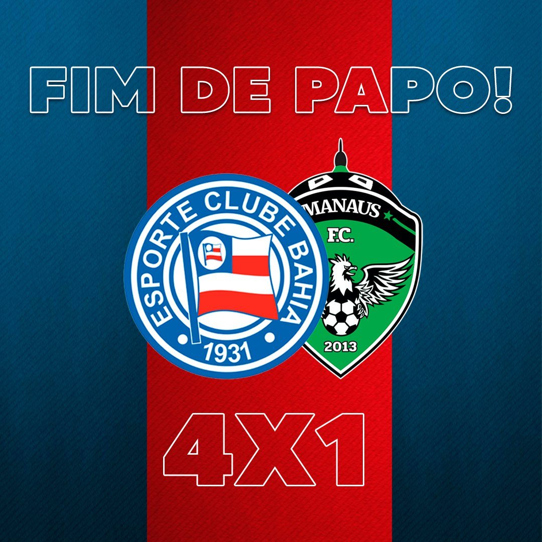 AmordeAco's tweet photo. 🔵🔴⚪ CLASSIFICADO!!! Bahia vence o Manaus por 4 x 1 em Pituaçu e garante vaga na terceira fase da Copa do Brasil. Os gols foram marcados por Rodriguinho, Thaciano, Conti e Rossi.
💬 O que achou da partida? Deixe seu comentário.
#Ecbahia
#Borabahea
#Amordeaco
#CopaDoBrasil https://t.co/1S5nbKRmtE