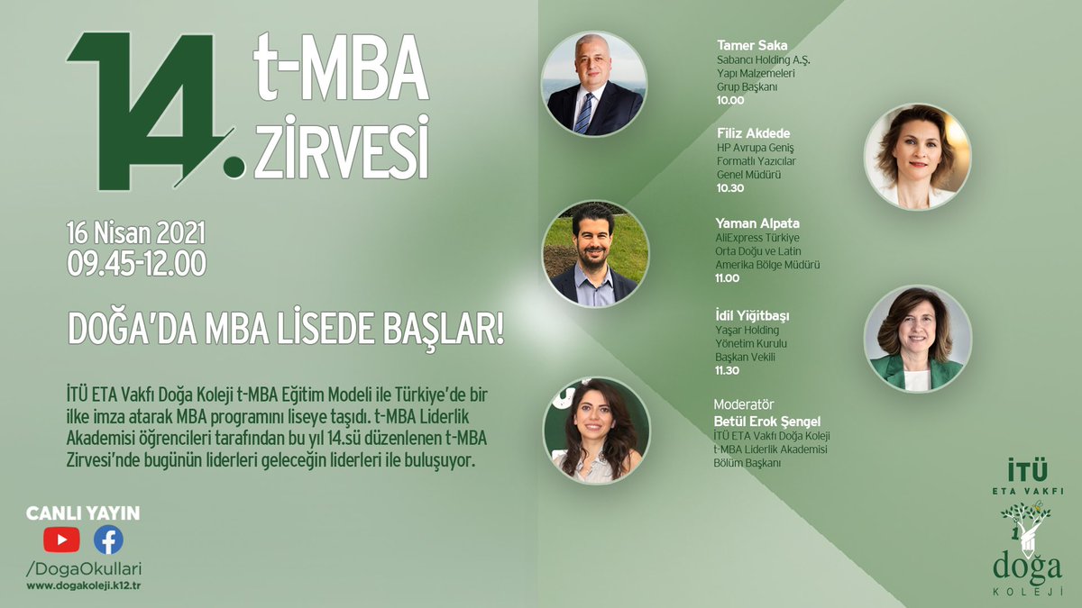 14. t-MBA Zirvesi için geri sayım başladı! İTÜ ETA Vakfı Doğa Koleji öğrencilerimiz, “Geleceğin Yetkinlikleri ve Liderlik” temasıyla 16 Nisan’da iş dünyasının duayen isimleriyle t-MBA Zirvesi’nde buluşuyor. dogakoleji.k12.tr/doga-dan-haber…