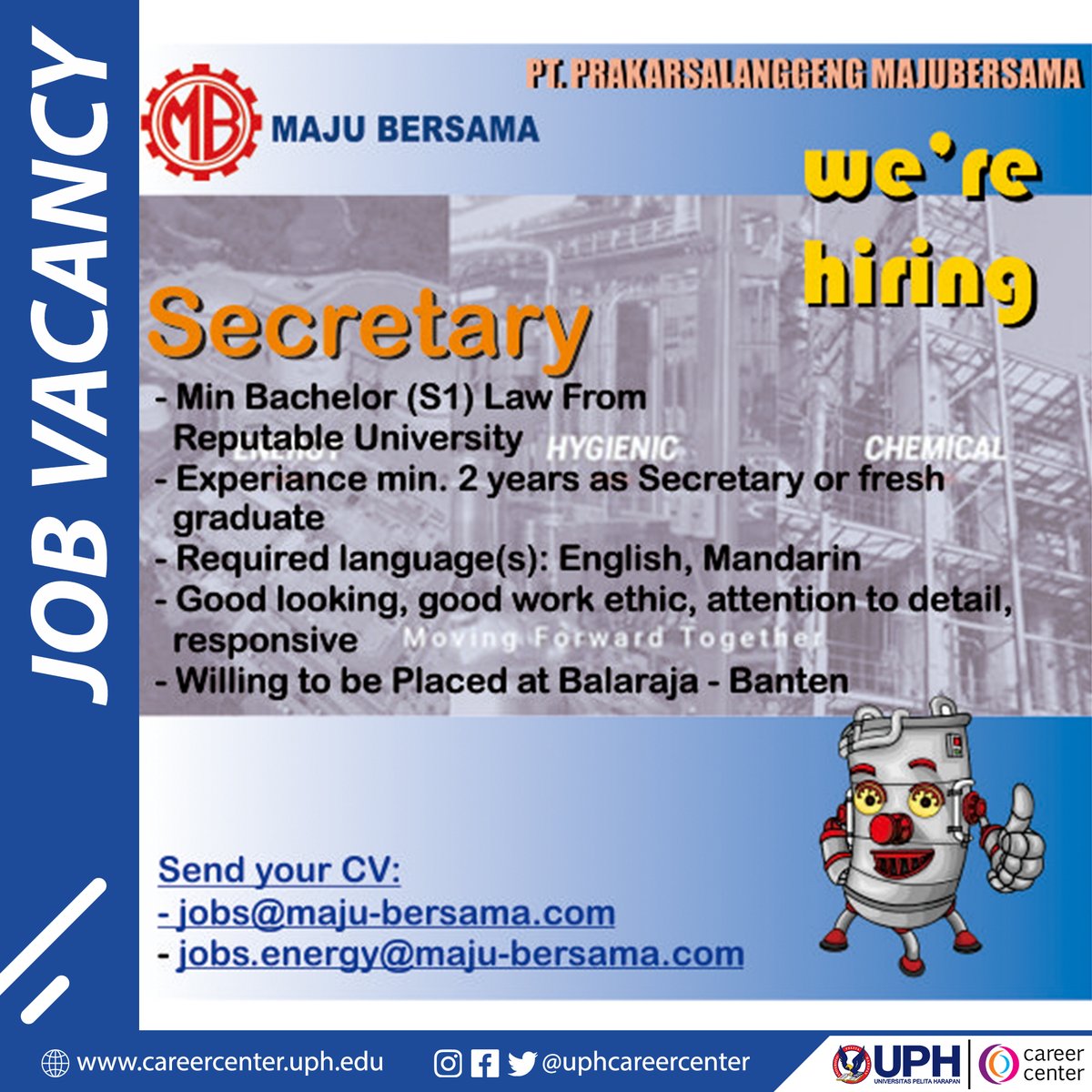 JOB VACANCY PT Prakarsalanggeng Majubersama
.
Daftar, lamar, terima panggilan tes di: careercenter.uph.edu
.
#job #jobvacancy #lowonganpekerjaan #prakarsalanggengmajubersama #uphcareercenter