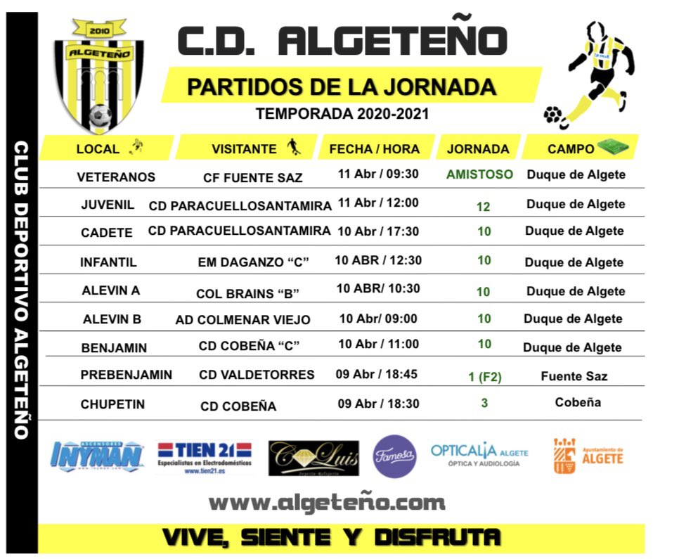 Partidos de este fin de semana .
9, 10 y 11 de Abril.
🟡⚫️Vamos Algeteño 🟡⚫️