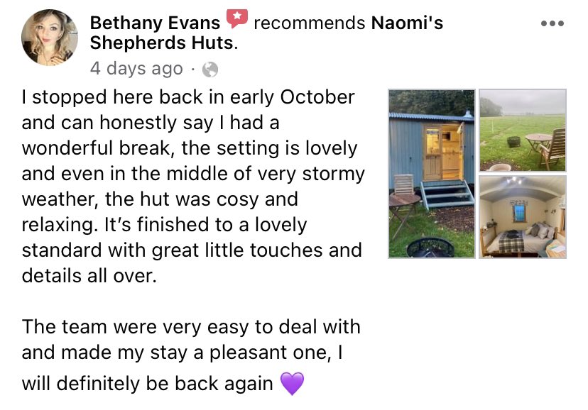 N_ShepherdsHuts's tweet photo. Another fab review from our guests,
Thank You! 

We can’t wait to open :) 

I still have some weekday availability in April, Book Now ! 

#ukholidays #ukstaycation2021 #staycation2021 #travelblogger #staycationuk #couolegoals #countrysideliving https://t.co/kojcs8pK8z