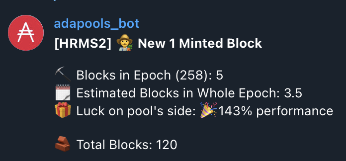Wiiinnie's tweet photo. After some rather mediocre epochs luck is finally back with #HRMS2. 143% luck and we are just half way through the epoch! 🙌 #staking is a long term game, don't leave your selected pool too early... 😎 #hrms #hermespool #cardano #ada #crypto #blockchain https://t.co/PpKwb4oCZS