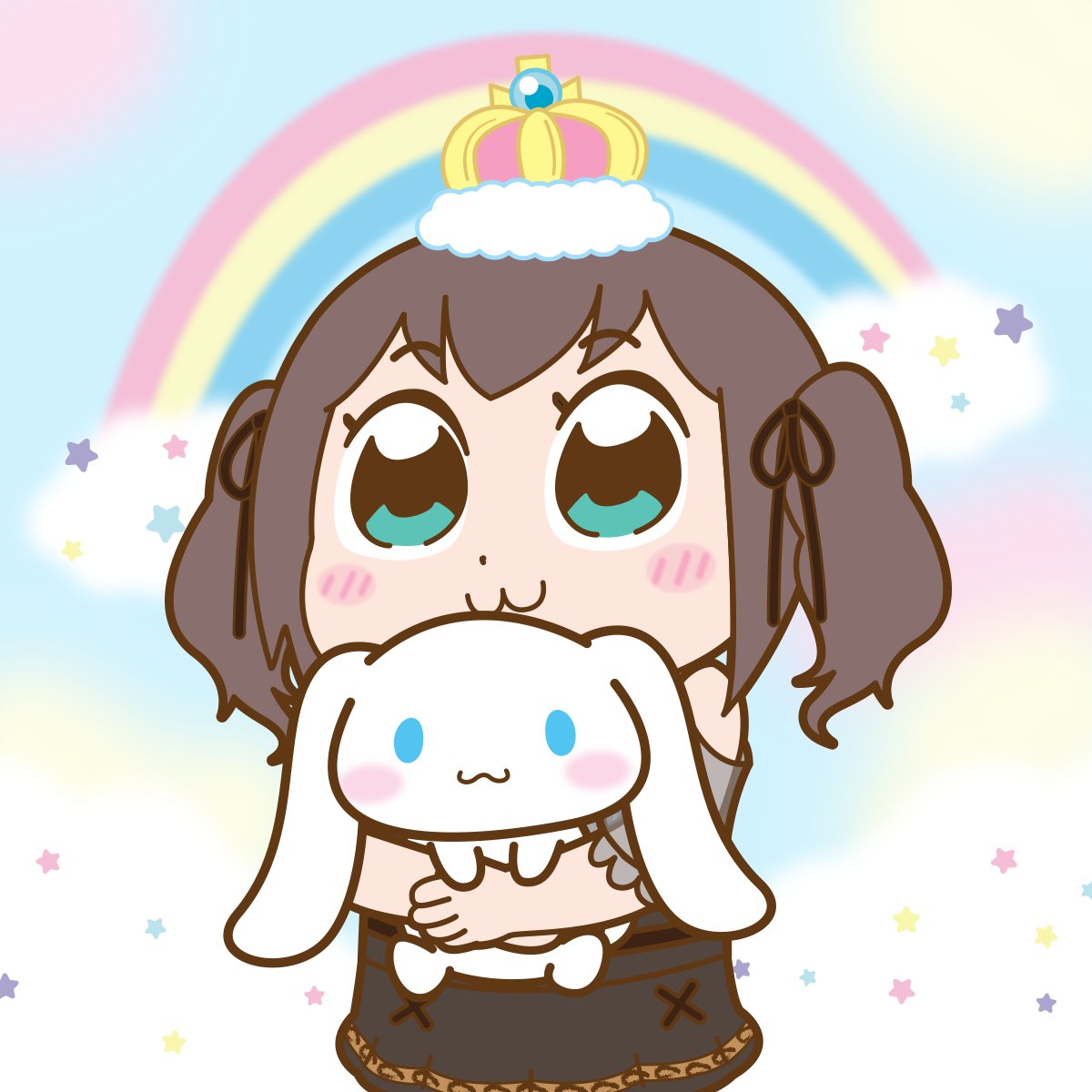 1girl twintails crown :3 brown hair rainbow stuffed bunny  illustration images