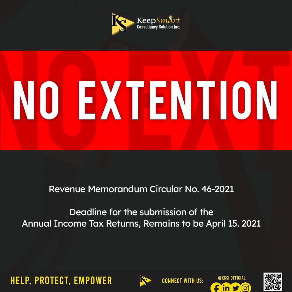 NO EXTENTION!

BIR release RMC NO. 46-2021

'The deadline remains to be on April 15, 2021'

Too much pressure.... Let us handle it! 

Do you have Tax concerns?
info@keepsmartconsultancy.com  
zcu.io/NjM7

#kcsitaxadvisory #taxph #taxadvisory #taxconcerns #Taxnotices