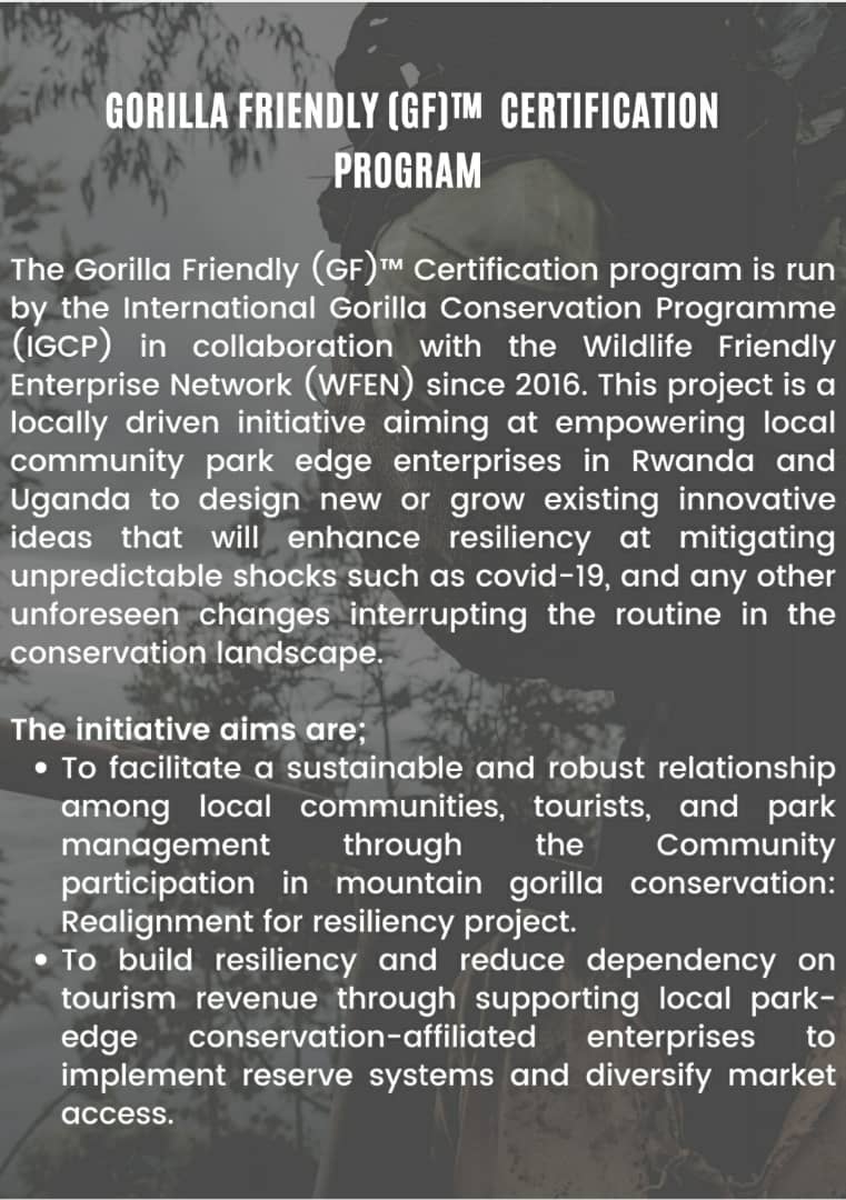 Gorilla FriendlyTM certification facilitates a sustainable and robust relationship among local communities, tourists and park management ! Application for certification starts soon, don't miss out!