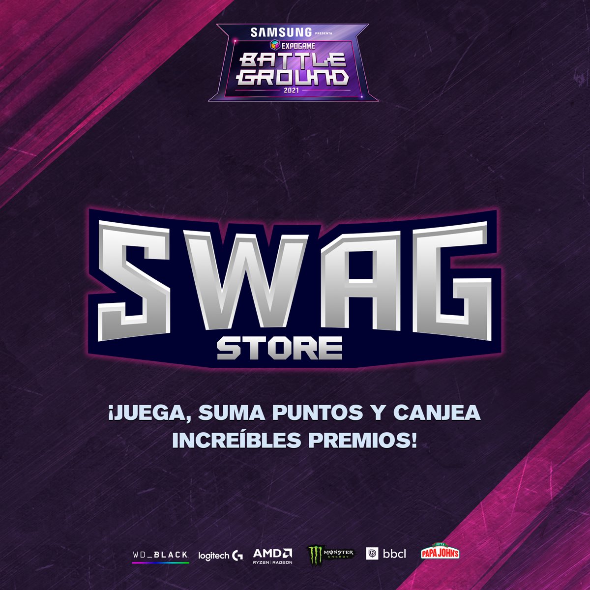 ¡Atención gamers! Vuelve nuestra reconocida Swag Store para este Expogame Battleground 2021 🎮✨

Cumple retos, gana puntos y canjea por increíbles productos que tenemos para ti. Semana a semana iremos dando los retos a cumplir, así que atentos a todas nuestras redes 🔥🔥🎮🎮