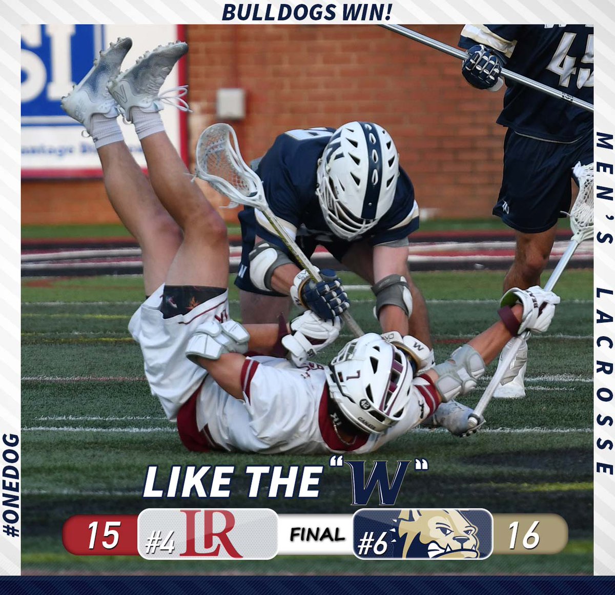 WU_Bulldogs's tweet photo. For the 2nd time this season @WingateLacrosse knocked off a top-5 team on the road!!

The 'Dogs took down #4 LR 16-15 in Hickory, getting 6 goals &amp; an assist from Padden to go along with 3 goals &amp; 2 assists from Grieco!

Carlson piled up 14 saves!

RECAP | https://t.co/Bcug1x5u2X https://t.co/M3nLtpapKK