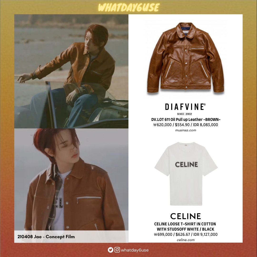 whatday6use's tweet photo. 🐥210408 Jae Concept Film

DIAFVINE -  DV.LOT 611 Oil Pull up Leather -BROWN-
￦620,000
https://t.co/tsM2ECfTME

CELINE - CELINE LOOSE T-SHIRT IN COTTON WITH STUDS
OFF WHITE / BLACK
$626.67 https://t.co/O5jEtl8s4S

#DAY6 #데이식스 #Jae #제이
#WhatJaeUses #Jae_Celine #Jae_Diafvine https://t.co/2ceGqzdmUV
