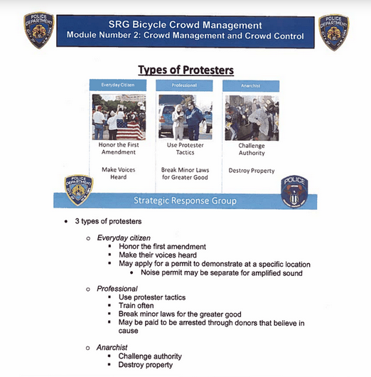 In NYPD's SRG Bike Squad Modules, NYPD identifies 3 "types of protesters":-"Everyday citizens" who "honor the 1st amendment" & "make their voices heard"-"Professional" protesters who "may be paid to be arrested"-"Anarchists" who "challenge authority" & "destroy property"