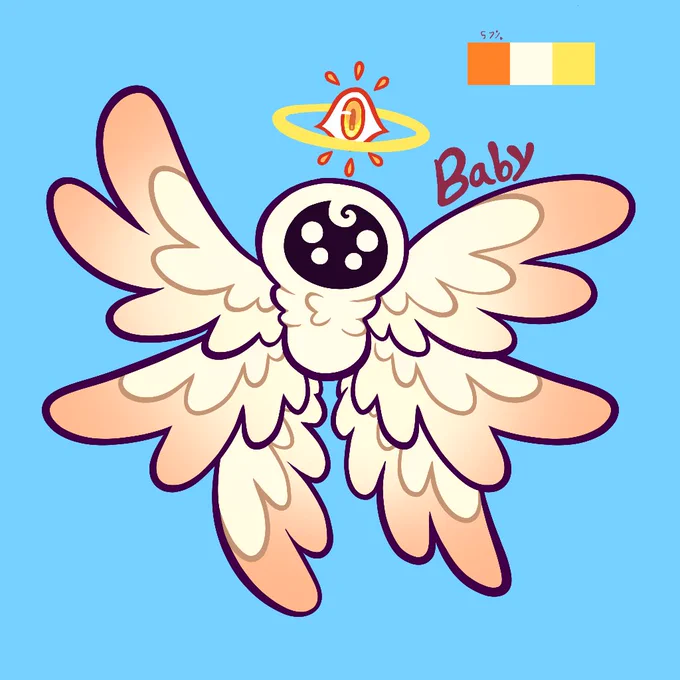 Baby (she/her) :0
She's a child that makes chirp like noise 2 talk 2 her peers or humans when she comes across them during her Heaven Crib escapes, she enjoys apple juice (or appy she calls it), &amp; is easily entertain by any human things (like origami or puppets) 