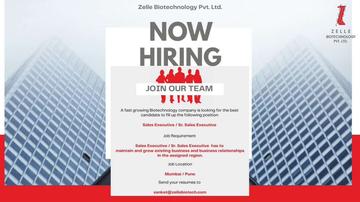 PvtZelle's tweet photo. Zelle Biotechnology is looking for a right candidate for the position of Sales Executive / Sr. Sales Executive for Mumbai &amp; Pune locations.
Click here https://t.co/Q42oe2IkNj to view the detailed job description.
.

#employment #jobs #jobsearch #hiring #career #work #resume https://t.co/I0rYwSXT36